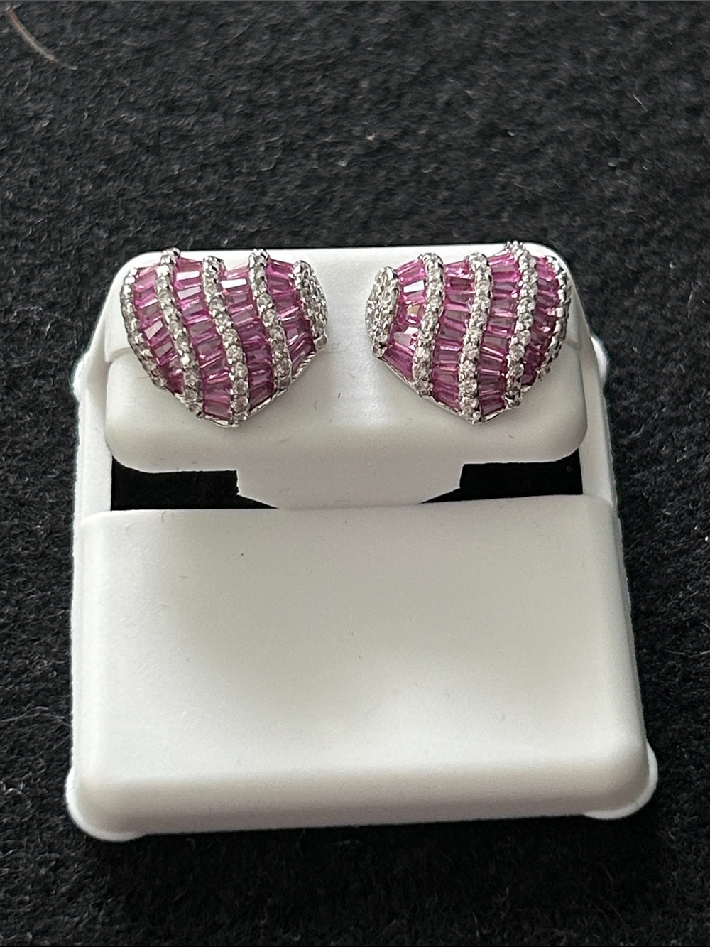 NWT 925 Silver Pink Heart Baguette CZ Stud Earrings - Sparkling Pink Hearts